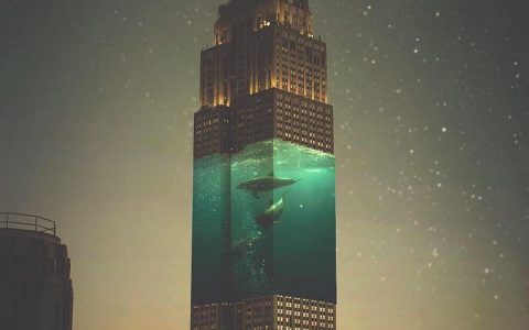 鲸鱼跳进城市夜空的游泳池。