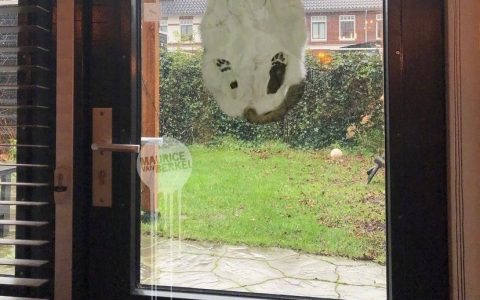 荷兰台风天，有人拍到邻居家的猫飞到了门上