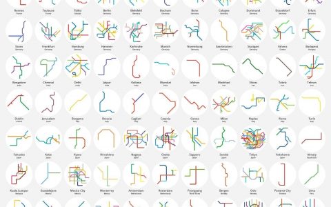 全球220座城市的地铁网络对比图