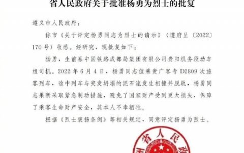 退役军人，生死五秒，挽救全列车乘客生命。D2809动车殉职司机杨勇被评定为烈士