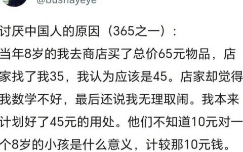 她讨厌中国的原因，因为她8岁不识数，以为100减65等于45