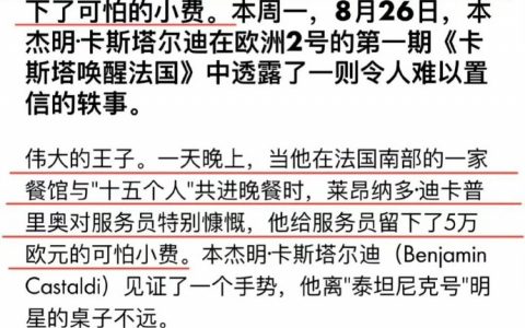 小李子在法国与朋友用餐后，给了餐厅服务员5万欧元（即40万人民币）的小费