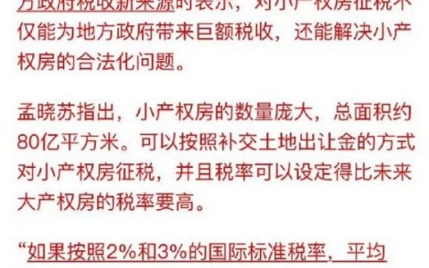 孟晓苏：从小产权房起征房产税，每年能收2万亿
