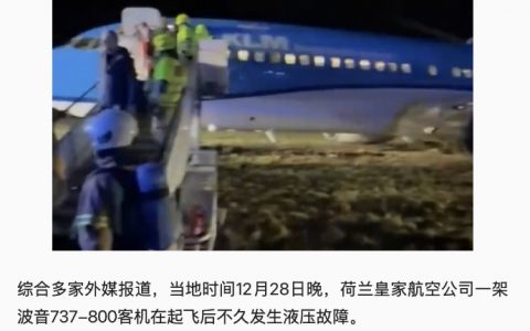 荷兰皇家航空一波音客机因液压故障改道降落时冲出跑道