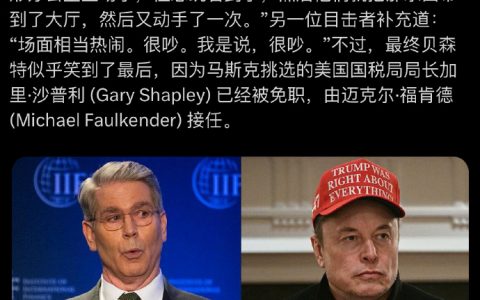 传马斯克与美财长爆发激烈争执 场面如WWE